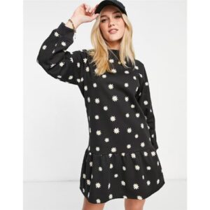 DAISY STEET WARM MINI DRESS WHITH PEPLUM HEM IN DAISY PRINT