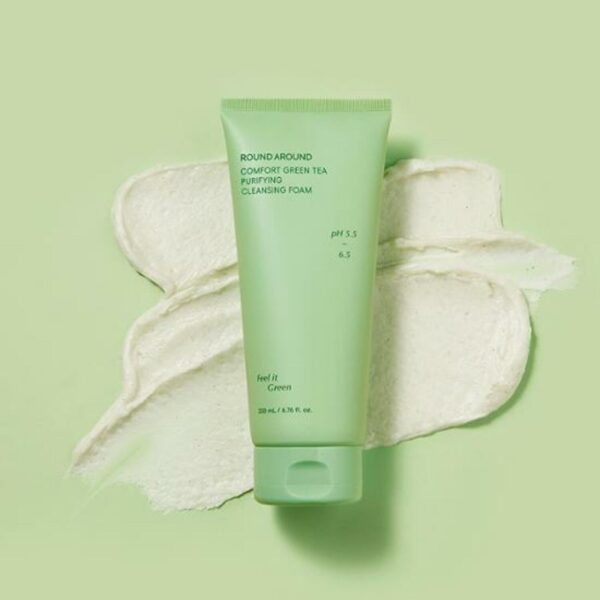 ROUND A'ROUND Comfort Green Tea Purifying Cleansing Foam 200mL(+200mL+Cat Jelly pore brush) - Image 3