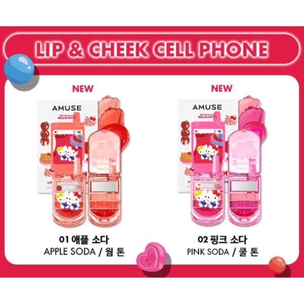 Hello Kitty x AMUSE Healthy Balm Lip&Cheek Phone [#2 Colors] (+Kitty Sticker+Pink Square Mirror) - Image 3
