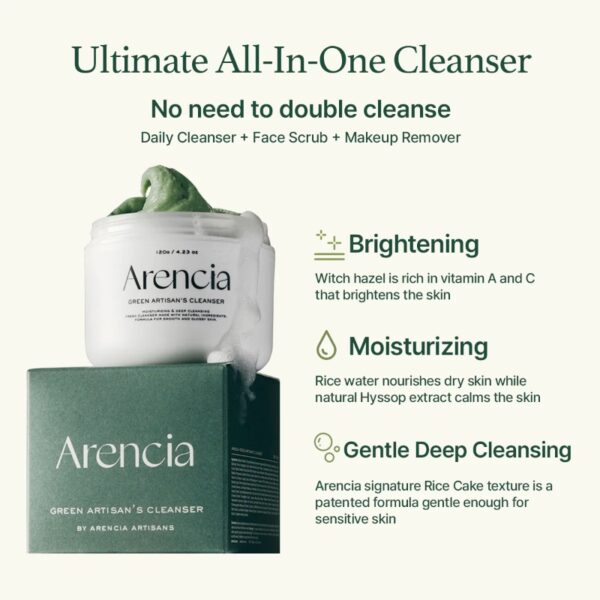 Arencia Fresh Green Rice Mochi Cleanser 120g Set (+Rosehip Cleanser 15g+Holy Hyssop Serum 4ml) - Image 2