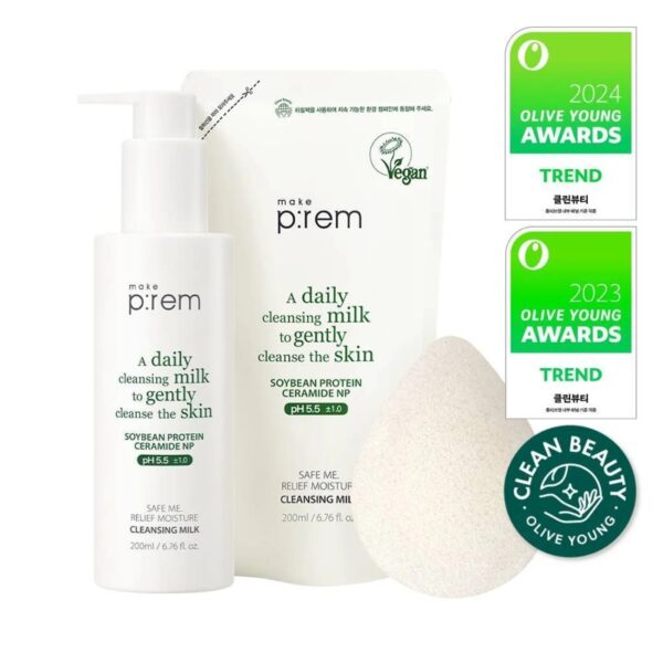 makeprem Safe Me Relief Mositure Cleansing Milk 200ml Set (+Refill 200ml+ Sponge )