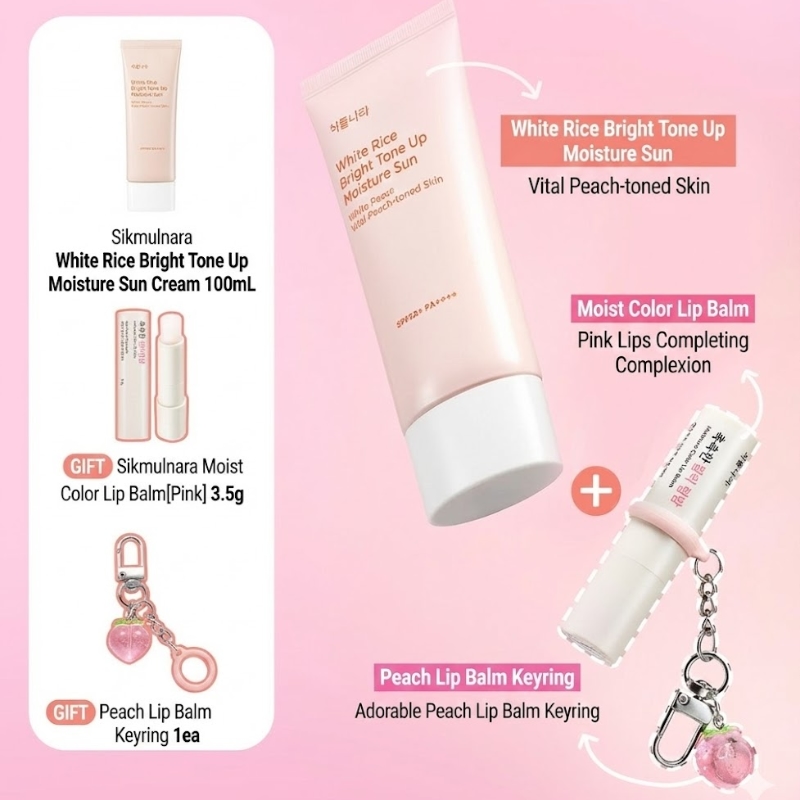 Shingmulnara White Rice Bright Tone Up Moisture Sun Cream 100mL Special Set (+ Tinted Lip Balm & Keyring) - Image 2