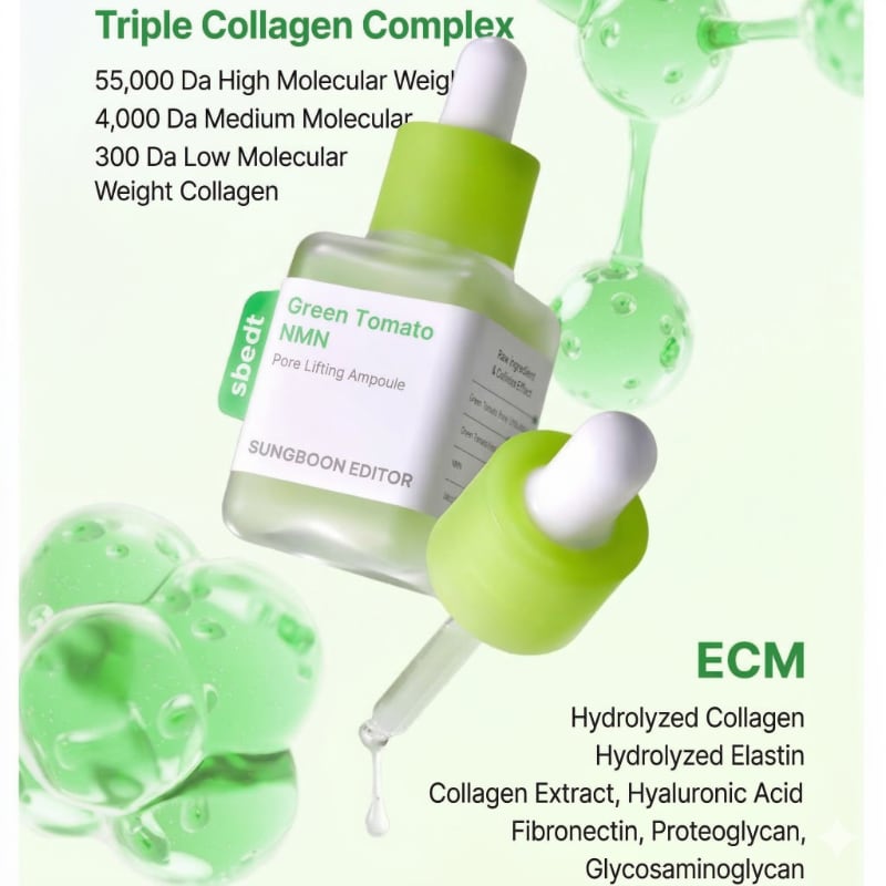 SUNGBOON EDITOR Green Tomato NMN Pore Lifting Ampoule 40ml Double Pack (+ pouch) - Image 4