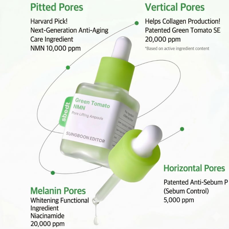 SUNGBOON EDITOR Green Tomato NMN Pore Lifting Ampoule 40ml Double Pack (+ pouch) - Image 5